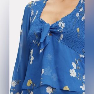 INTERMIX (NWOT) Lucia Smocked Top - 100% silk - Blue and yellow floral